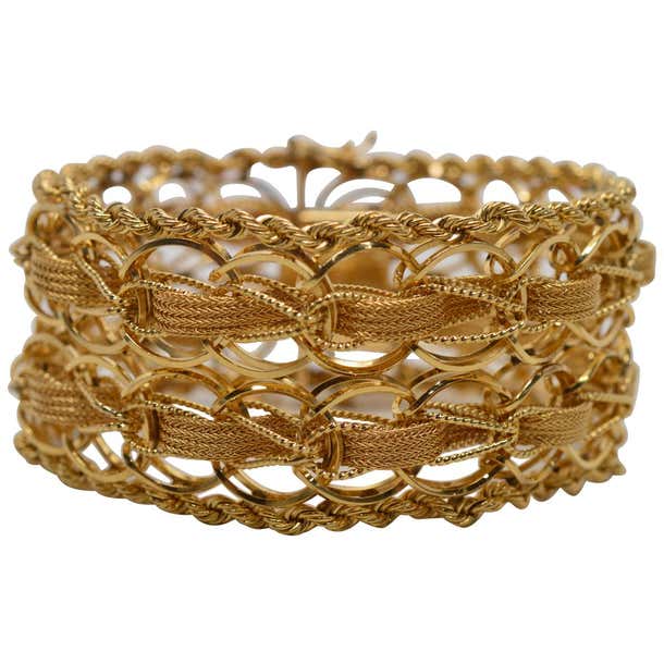 Wide Woven Double Chain Link 14 Karat Yellow Gold Bracelet For Sale at ...
