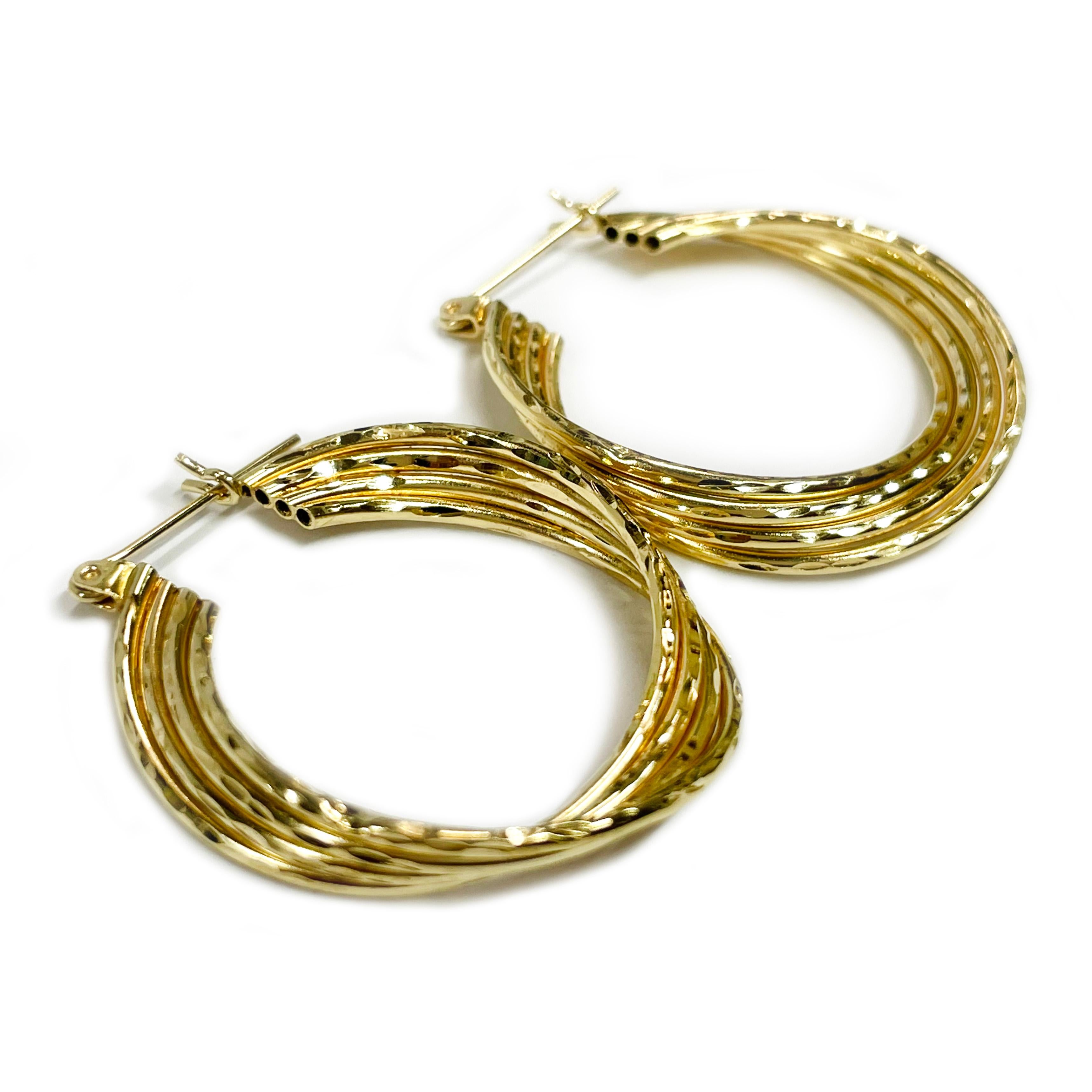 Retro Yellow Gold Wire Diamond Cut Hoop Earrings For Sale