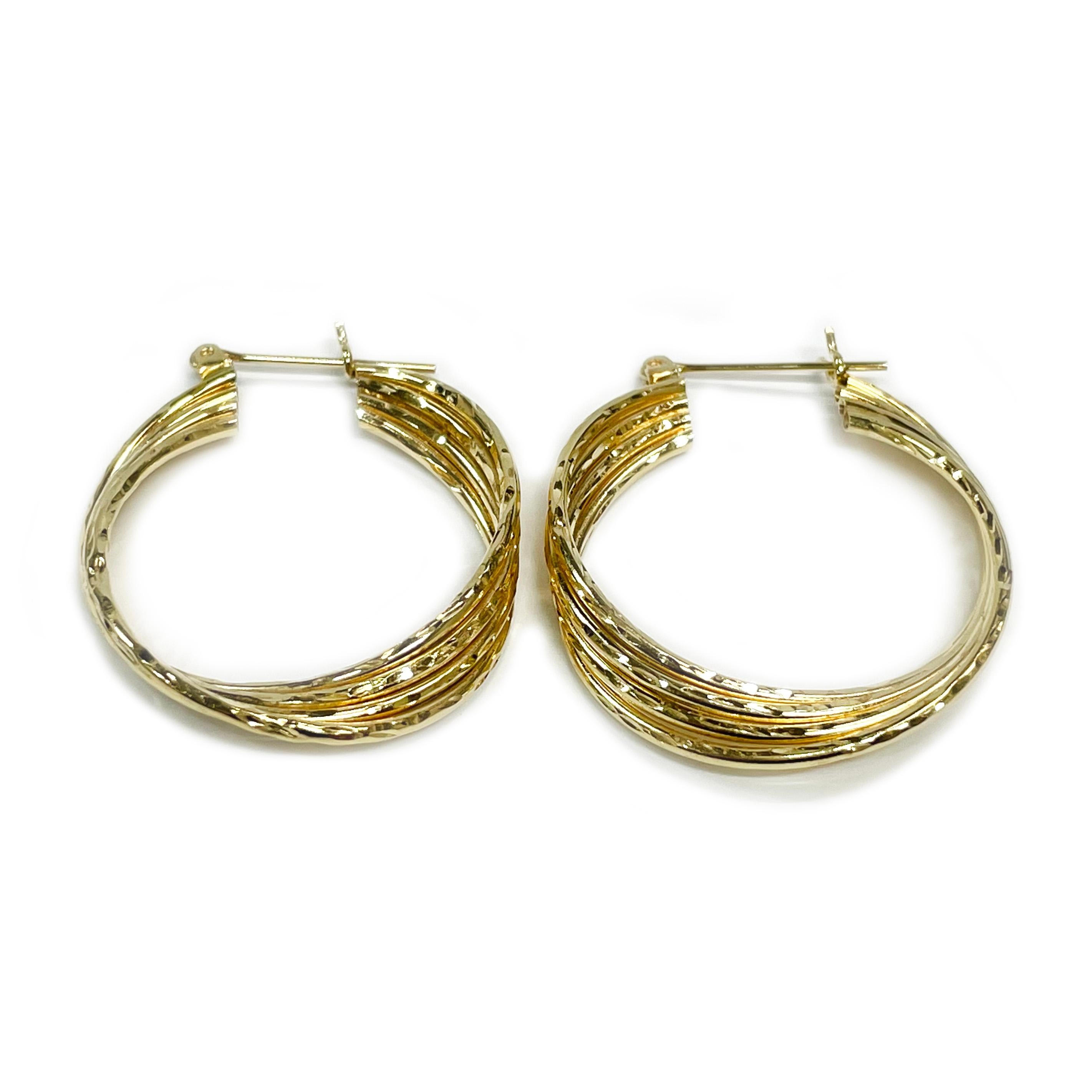 Yellow Gold Wire Diamond Cut Hoop Earrings In Good Condition For Sale In Palm Desert, CA