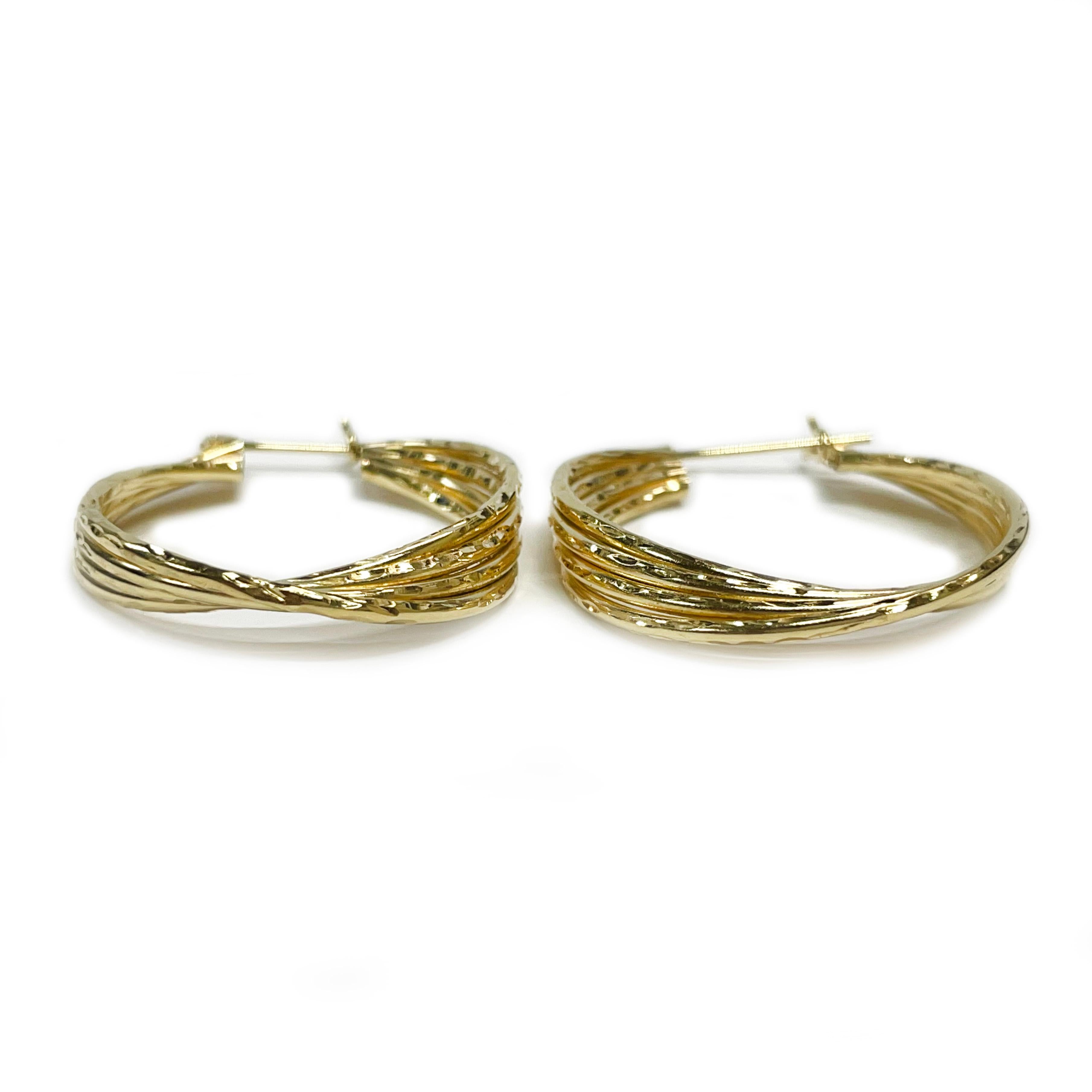 Women's or Men's Yellow Gold Wire Diamond Cut Hoop Earrings For Sale
