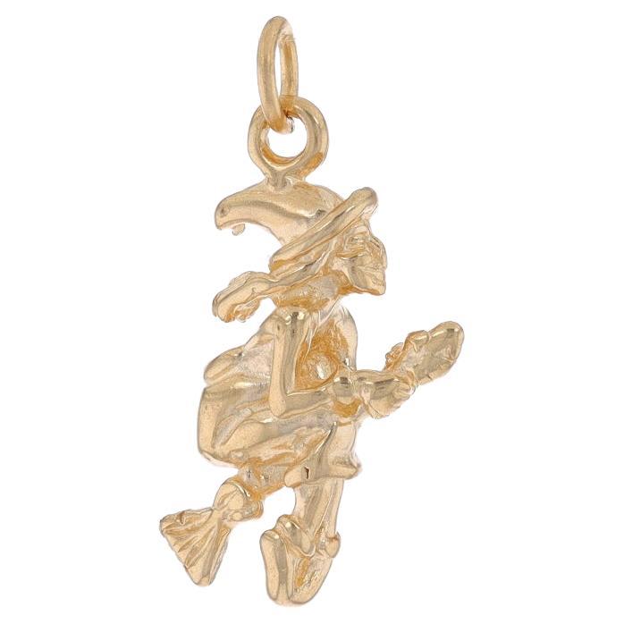 Yellow Gold Witch Riding Broom Charm - 14k Halloween Autumn Fall Holiday Pendant For Sale