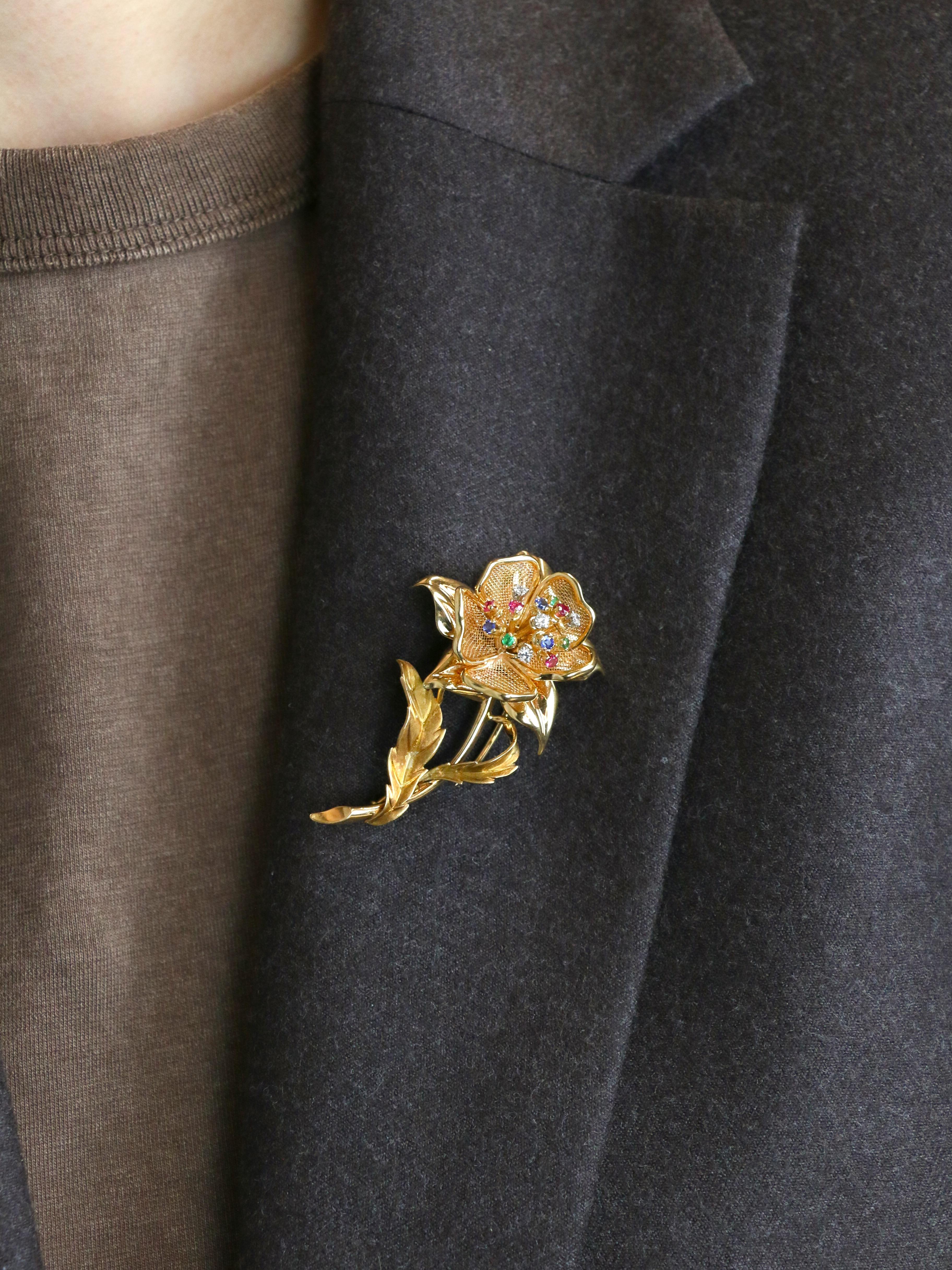 Yellow Gold with diamonds, rubies, emeralds, and sapphires flower brooch For Sale 5