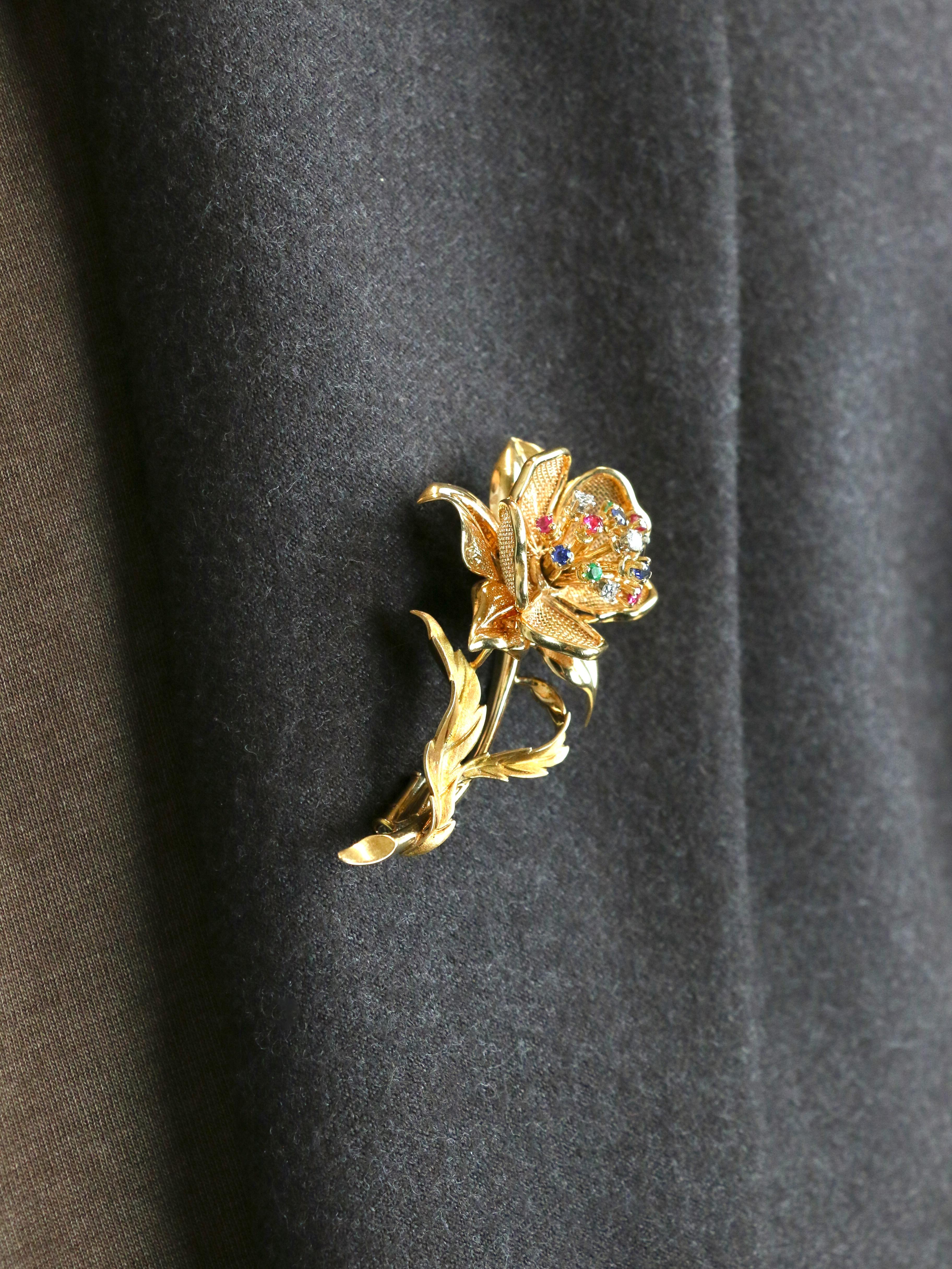 Yellow Gold with diamonds, rubies, emeralds, and sapphires flower brooch For Sale 6