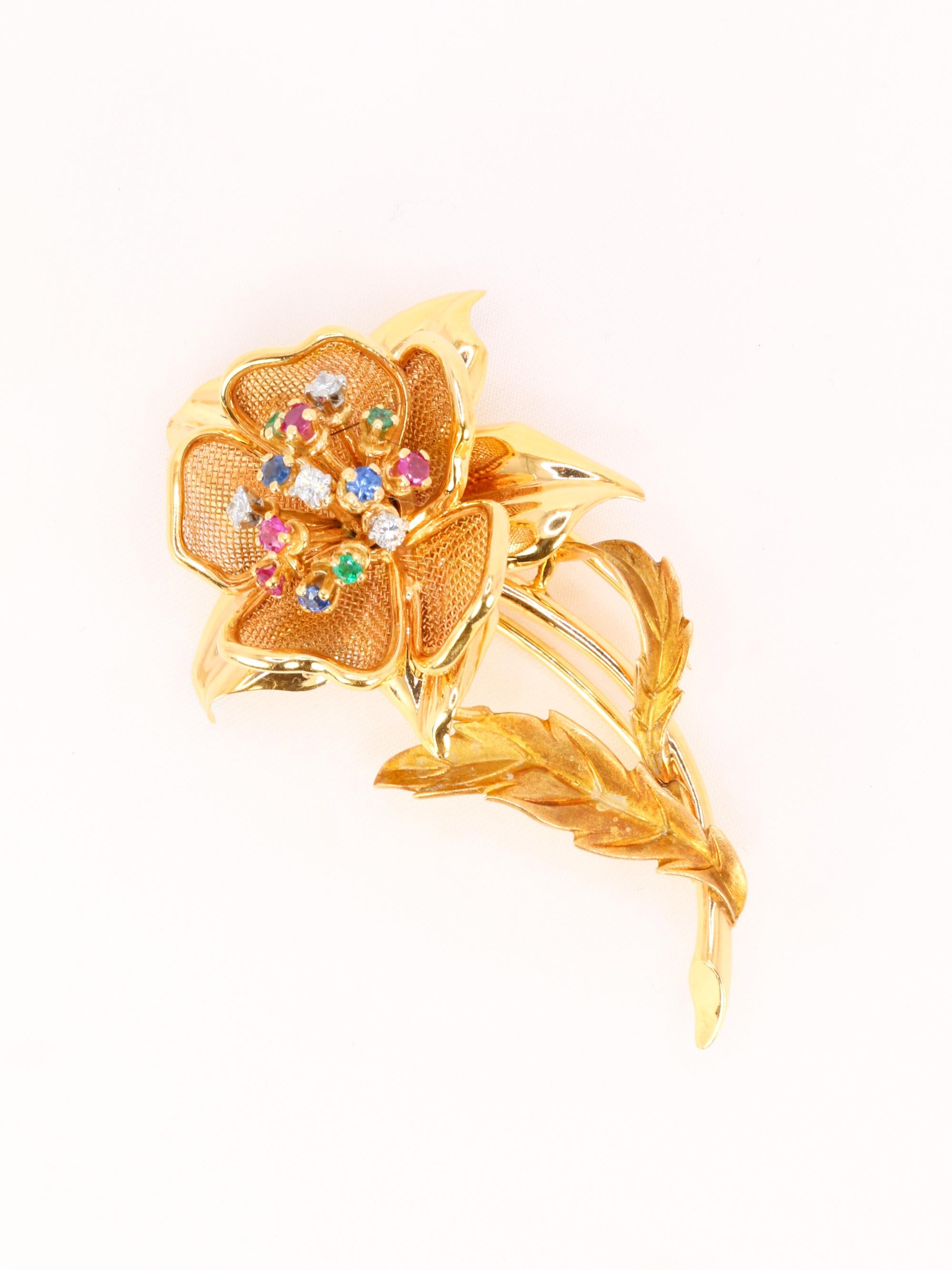 Women's Yellow Gold with diamonds, rubies, emeralds, and sapphires flower brooch For Sale