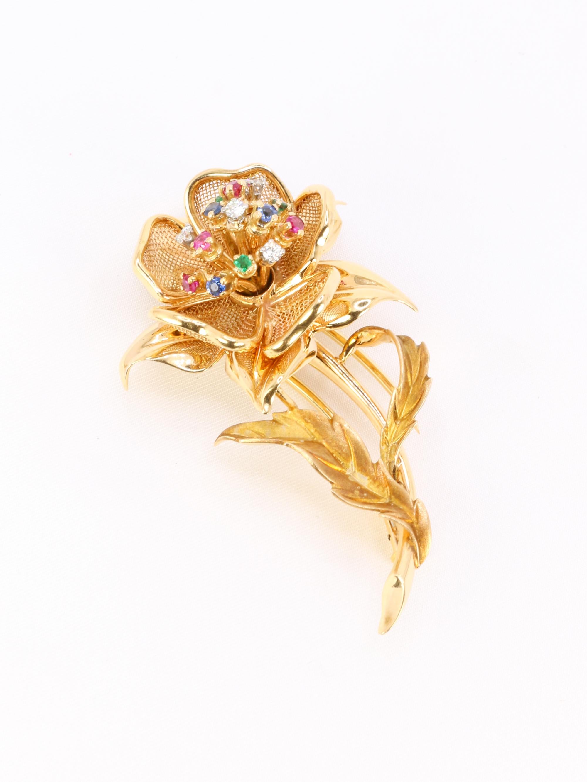 Yellow Gold with diamonds, rubies, emeralds, and sapphires flower brooch For Sale 2