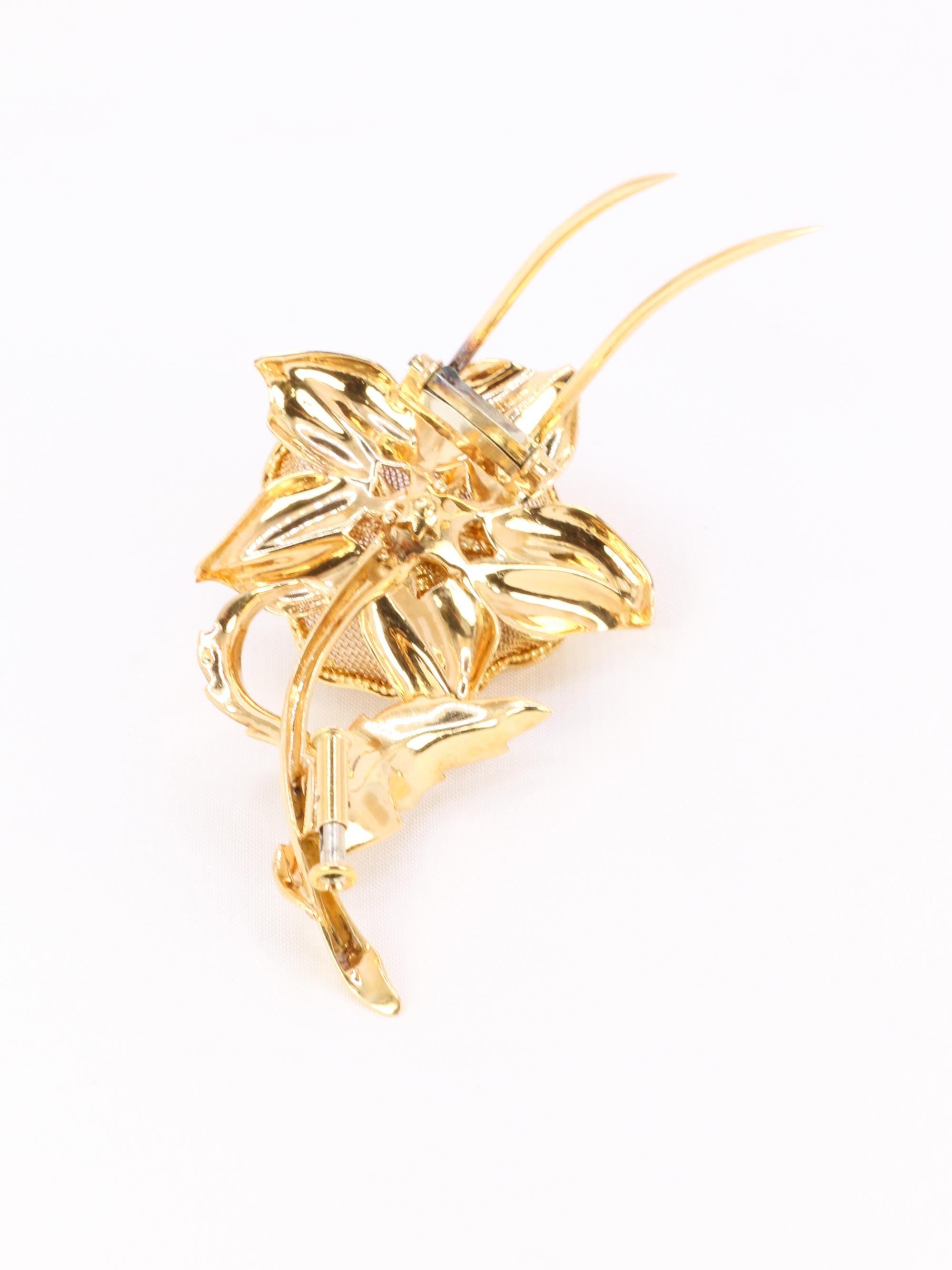 Yellow Gold with diamonds, rubies, emeralds, and sapphires flower brooch For Sale 3