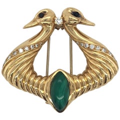 Yellow Gold with Malachite and Diamonds Hermès Dove Pin