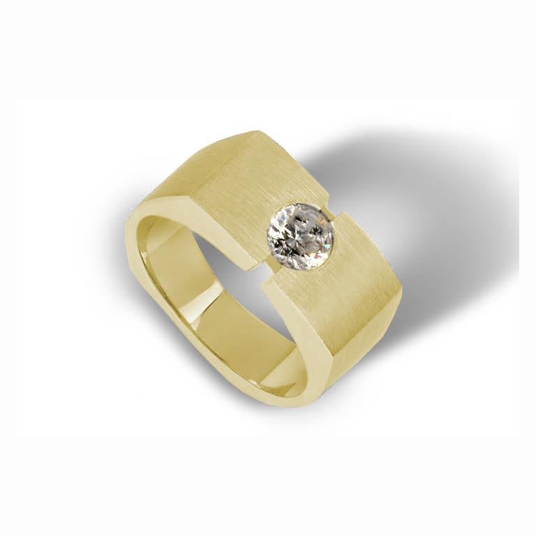 This large arc men’s diamond ring makes a statement. Shown here in yellow gold with a .50 carat round diamond. Ideal modern engagement or wedding band for him. From our Center Point collection which brings a single line toward a single point of