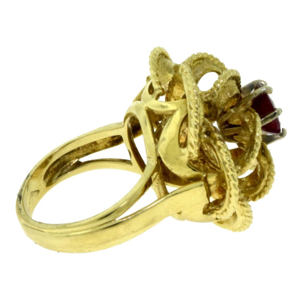 Yellow Gold with Ruby Center Stone Tall Textured Flower Ring In Good Condition In Miami, FL