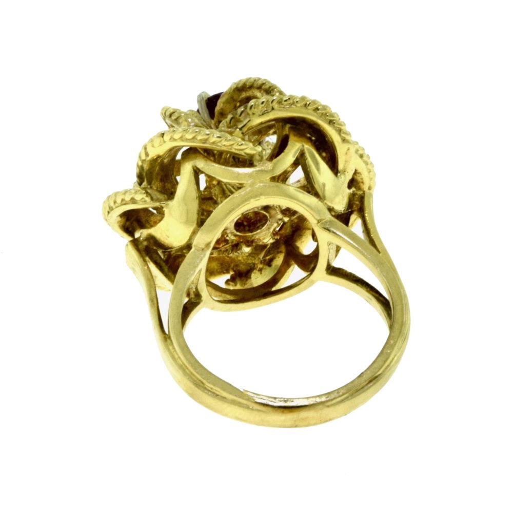Women's or Men's Yellow Gold with Ruby Center Stone Tall Textured Flower Ring