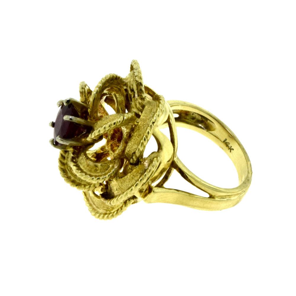 Yellow Gold with Ruby Center Stone Tall Textured Flower Ring 1