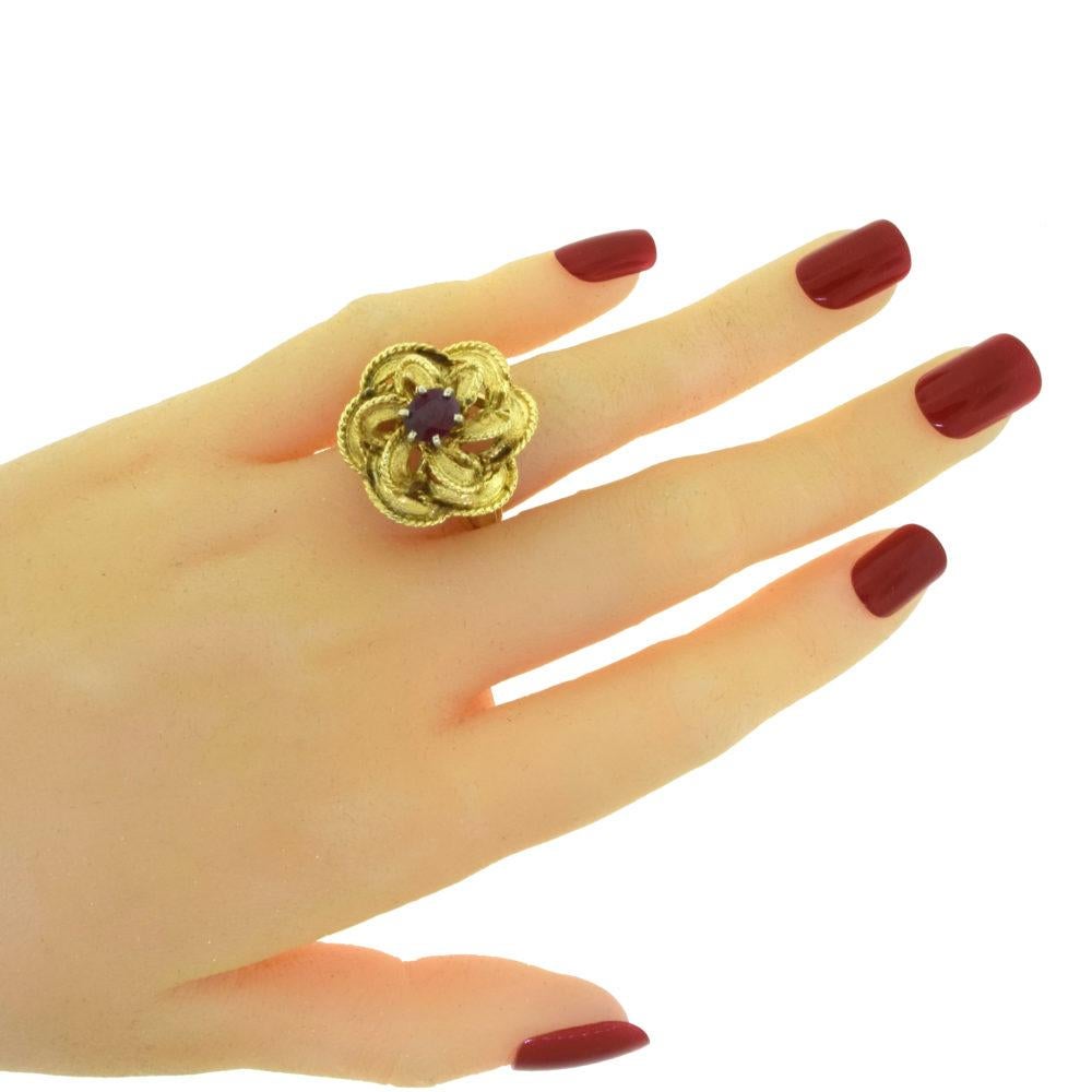 Yellow Gold with Ruby Center Stone Tall Textured Flower Ring 2