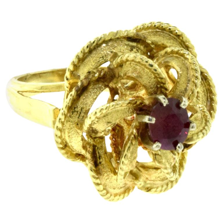 Yellow Gold with Ruby Center Stone Tall Textured Flower Ring