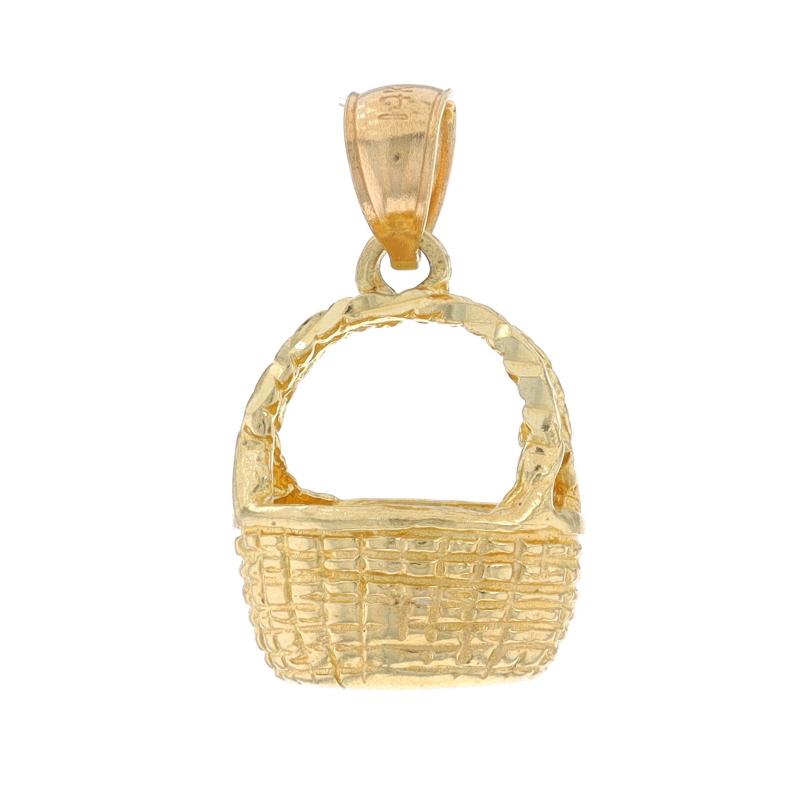 Metal Content: 14k Yellow Gold

Theme: Woven Basket, Easter Springtime
Features: Smooth & Textured Finished with Etched Detailing

Measurements
Tall (from stationary bail): 19/32
