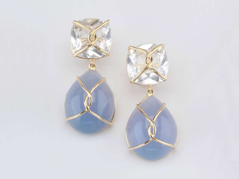 Bespoke from Christina Addison: 18kt Yellow Gold Drop Earring with gold wrapped faceted cushion shaped Rock Crystal top and pear shaped cabochon chalcedony.

This elegant earring measures and inch and a half long. The top cushion is shaped Rock