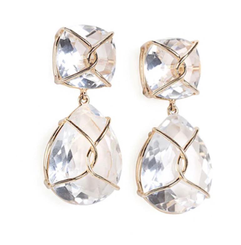 Antique Cushion Cut Yellow Gold Wrapped Drop Earring with Rock Crystal and Cabochon Chalcedony For Sale