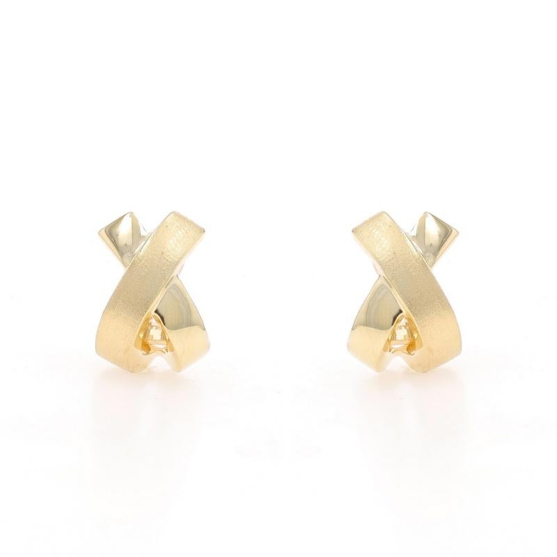 Women's Yellow Gold X Crossover J-Hoop Earrings - 14k Brushed Pierced For Sale