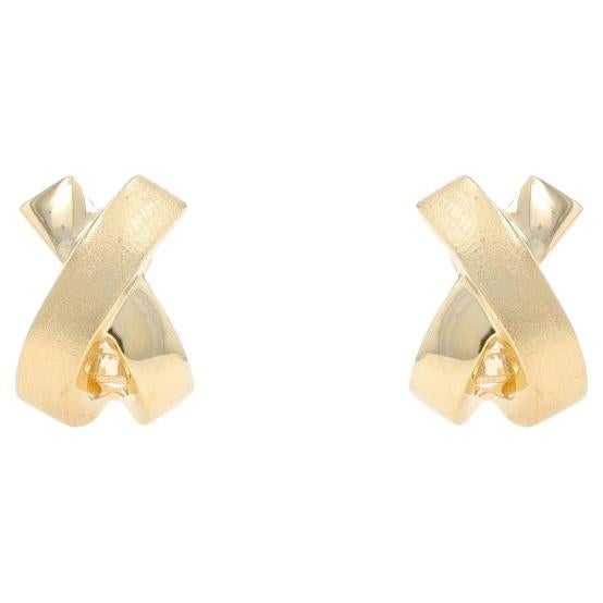 Yellow Gold X Crossover J-Hoop Earrings - 14k Brushed Pierced For Sale