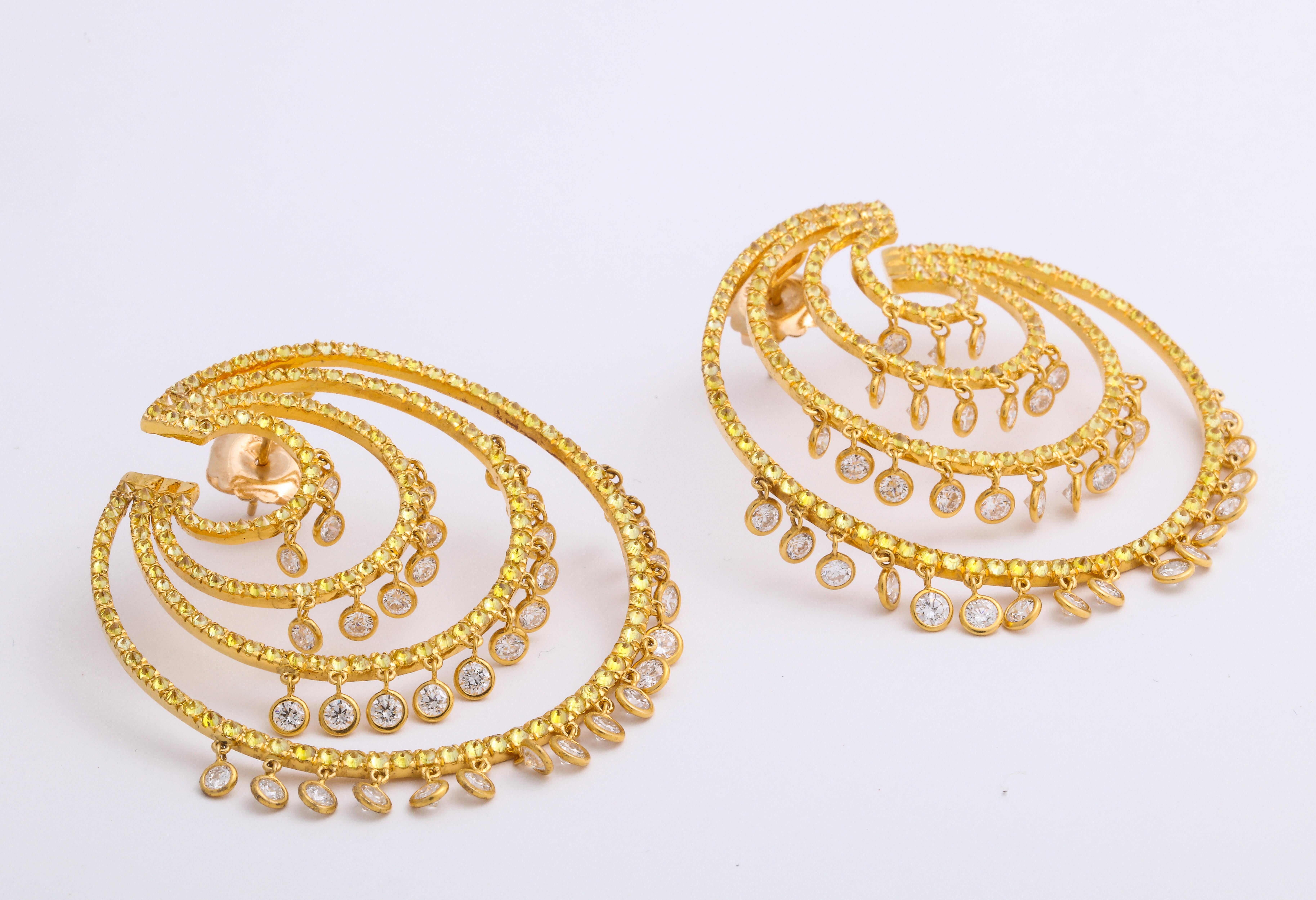 Contemporary Yellow Gold, Yellow and Diamond Earrings For Sale