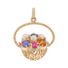 Yellow Gold Zircon Ruby Pearl Emerald Sapphire Flower Basket Cluster Pendant 14k