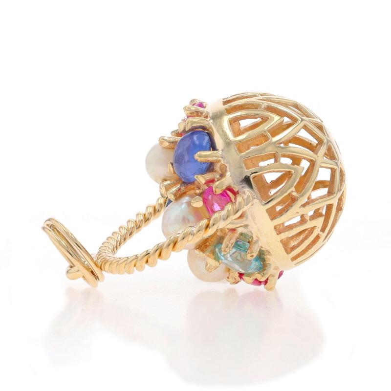 Taille émeraude Pendentif en or jaune Zircon Rubis Perle Emeraude Saphir Fleur Basket Cluster 14k en vente