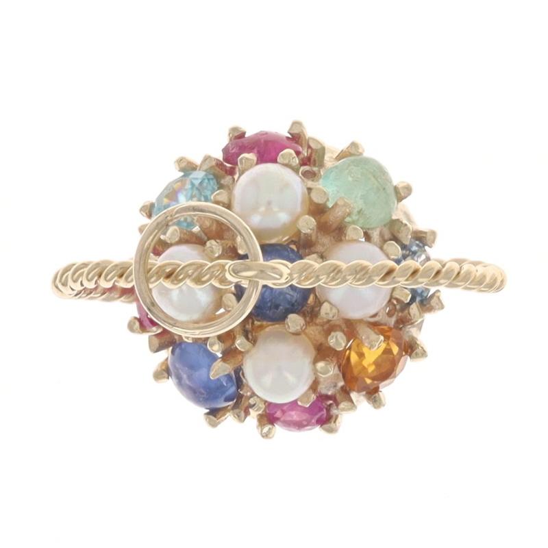 Pendentif en or jaune Zircon Rubis Perle Emeraude Saphir Fleur Basket Cluster 14k Bon état - En vente à Greensboro, NC