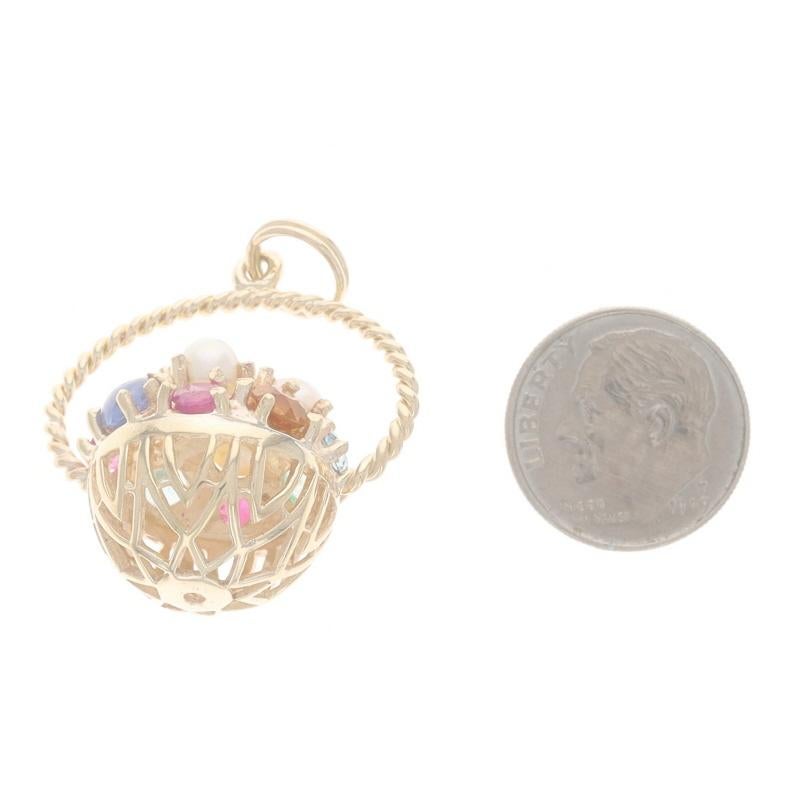 Pendentif en or jaune Zircon Rubis Perle Emeraude Saphir Fleur Basket Cluster 14k Pour femmes en vente