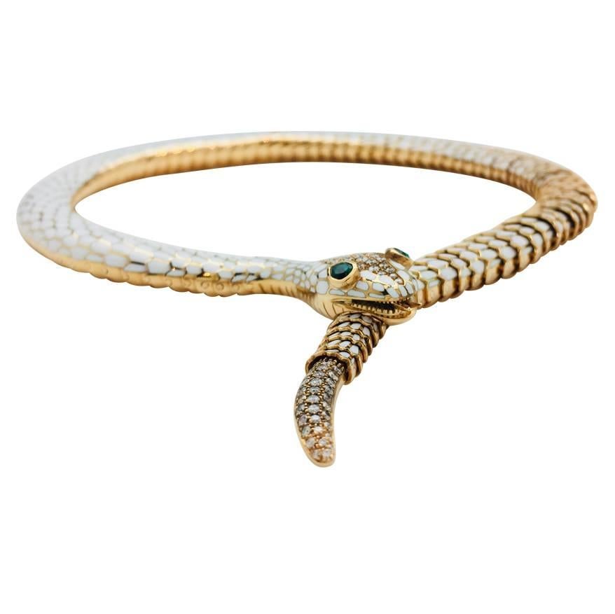Women's or Men's Yellow Gold, Enamel, Diamonds and Emeralds Articulated Snake Illario Necklace