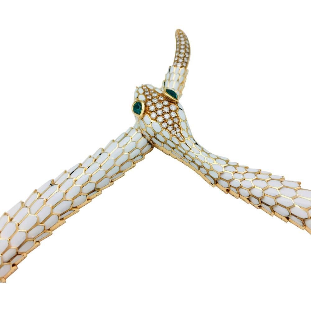 Yellow Gold, Enamel, Diamonds and Emeralds Articulated Snake Illario Necklace 1