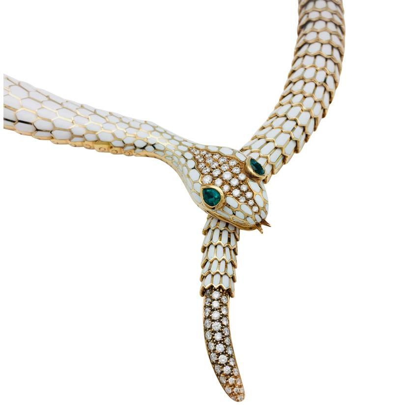 Yellow Gold, Enamel, Diamonds and Emeralds Articulated Snake Illario Necklace 2
