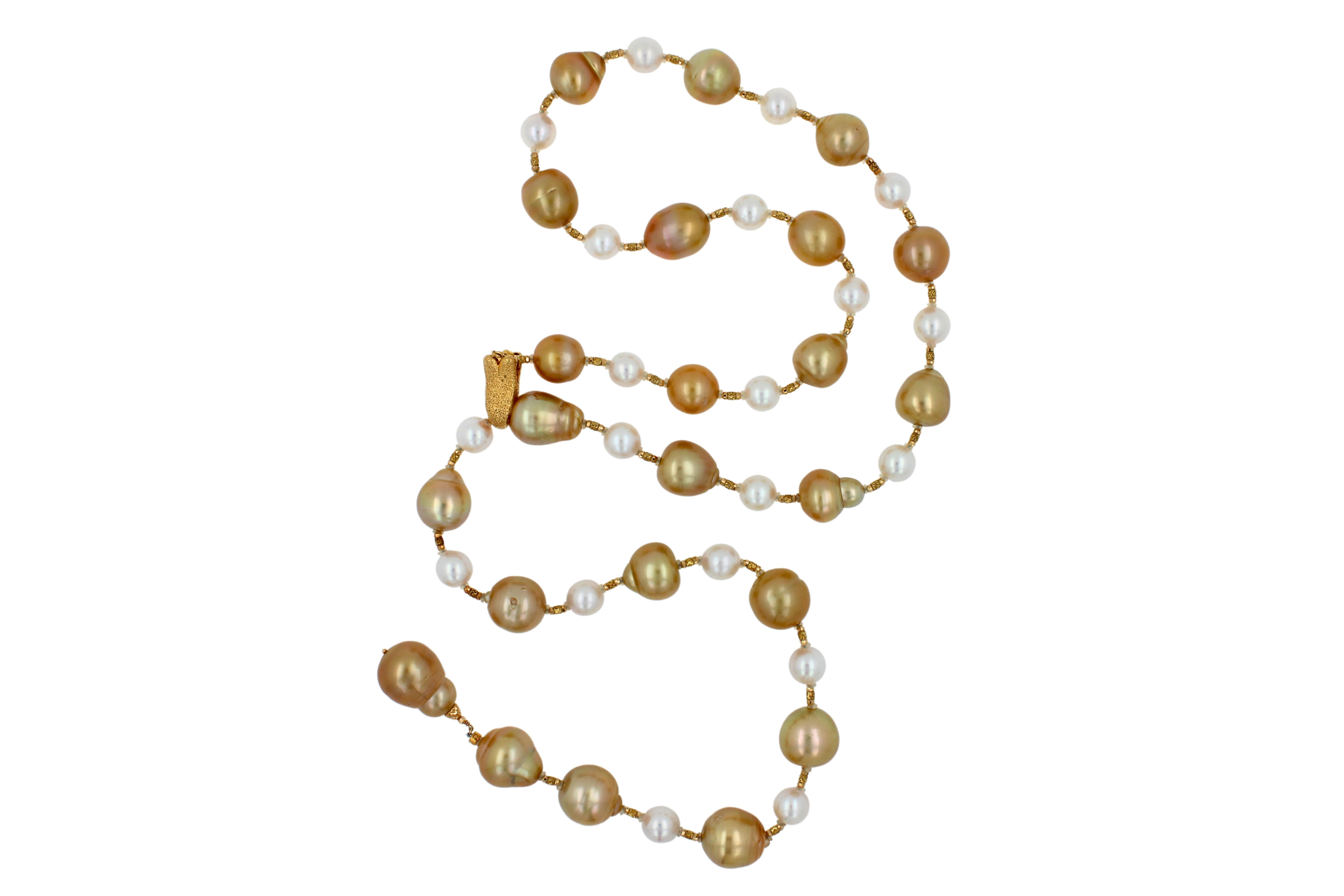 Round Cut Yellow Golden White South Sea Pearls 18K Gold Adjustable Lariat Clasp Necklace For Sale