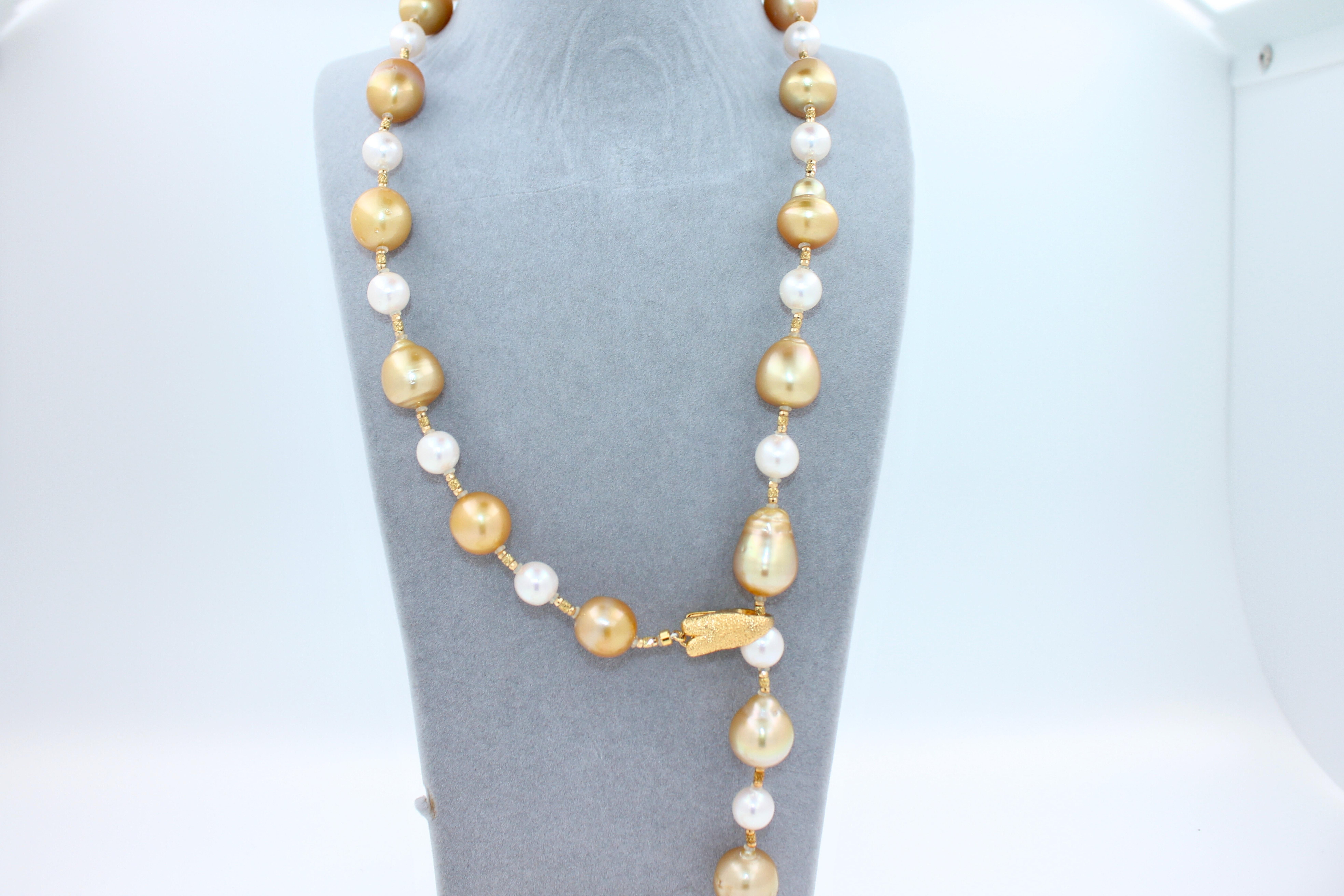 Yellow Golden White South Sea Pearls 18K Gold Adjustable Lariat Clasp Necklace For Sale 10