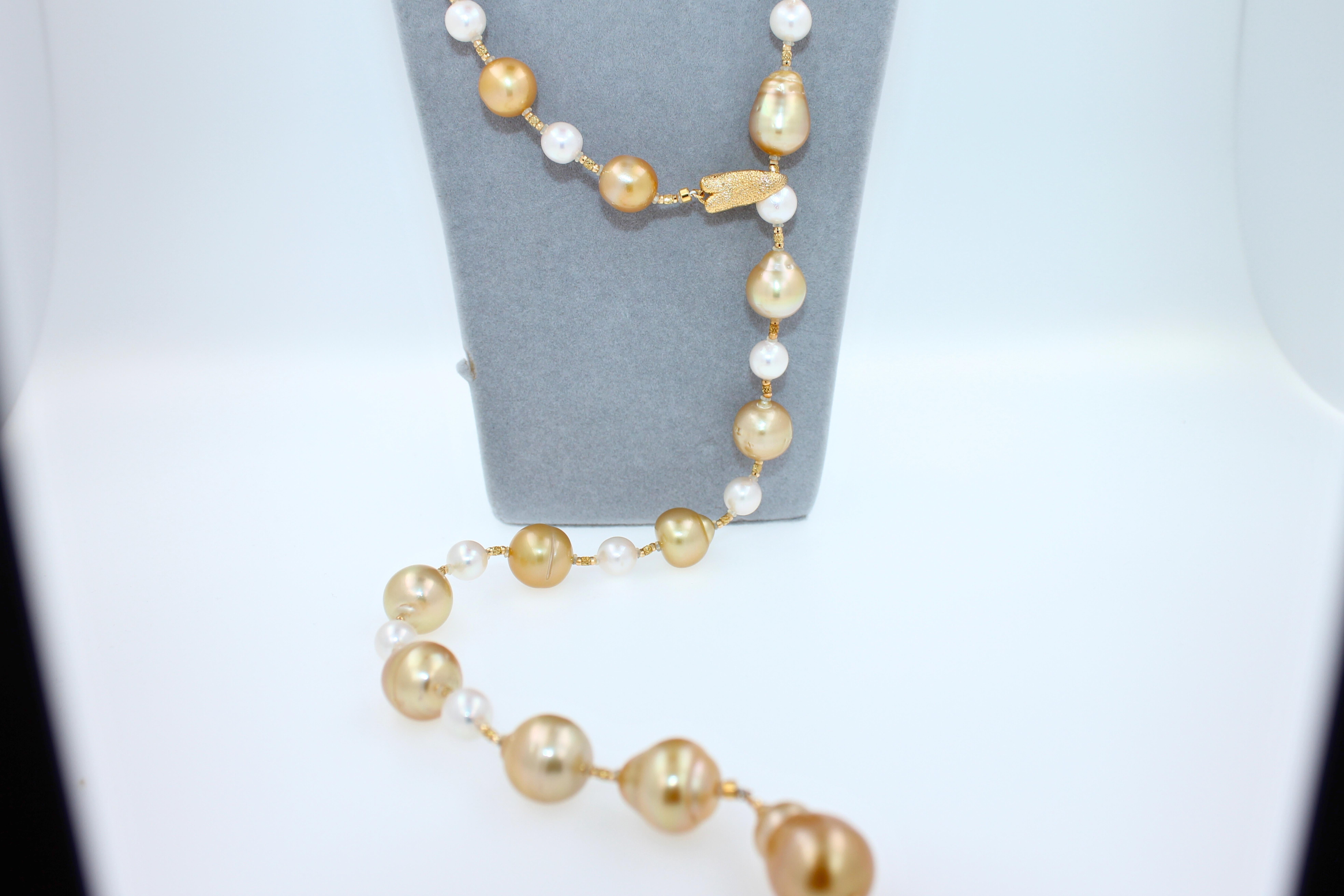 Yellow Golden White South Sea Pearls 18K Gold Adjustable Lariat Clasp Necklace For Sale 11