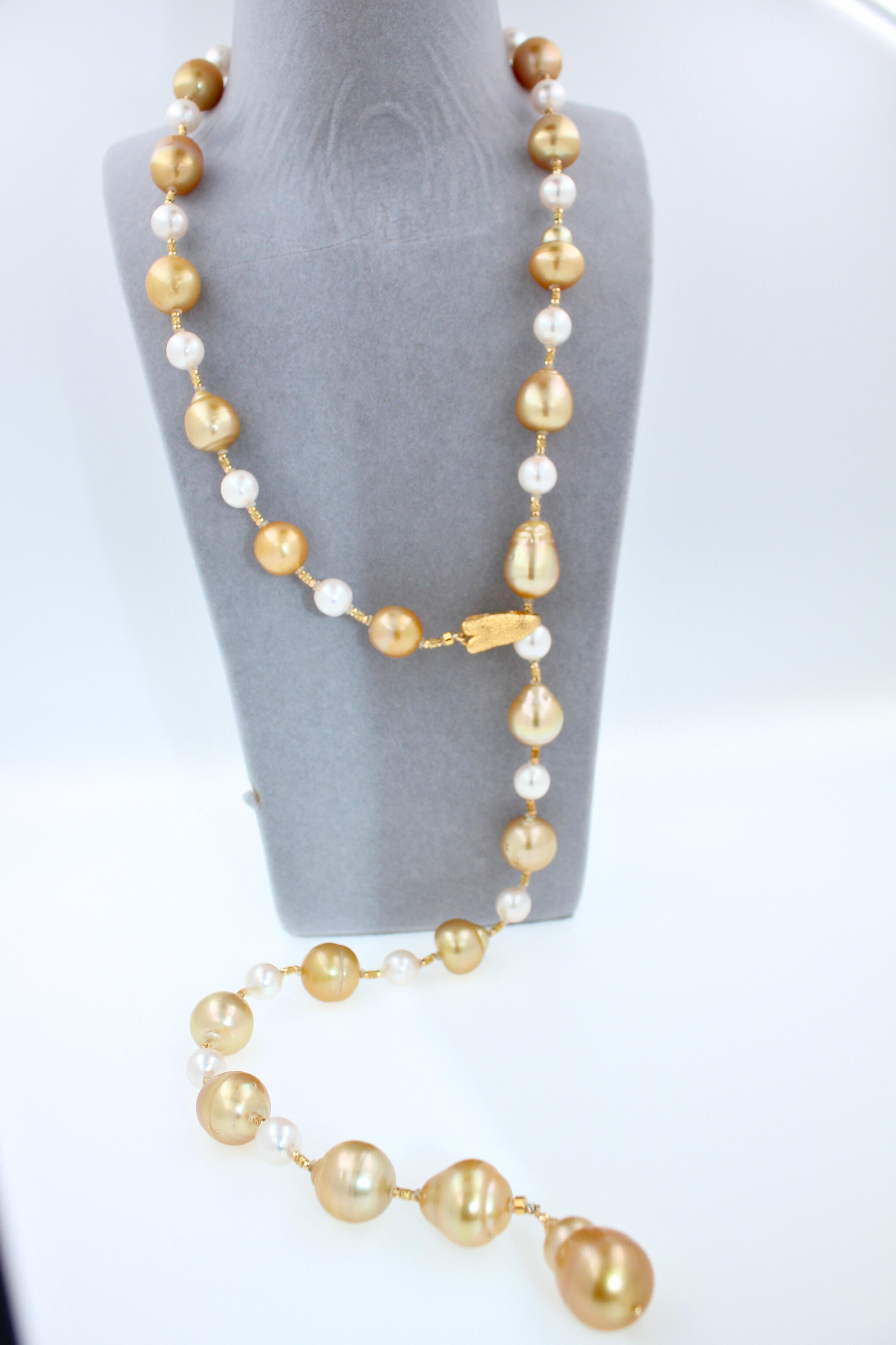 Yellow Golden White South Sea Pearls 18K Gold Adjustable Lariat Clasp Necklace For Sale 13
