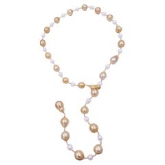 Yellow Golden White South Sea Pearls 18K Gold Adjustable Lariat Clasp Necklace