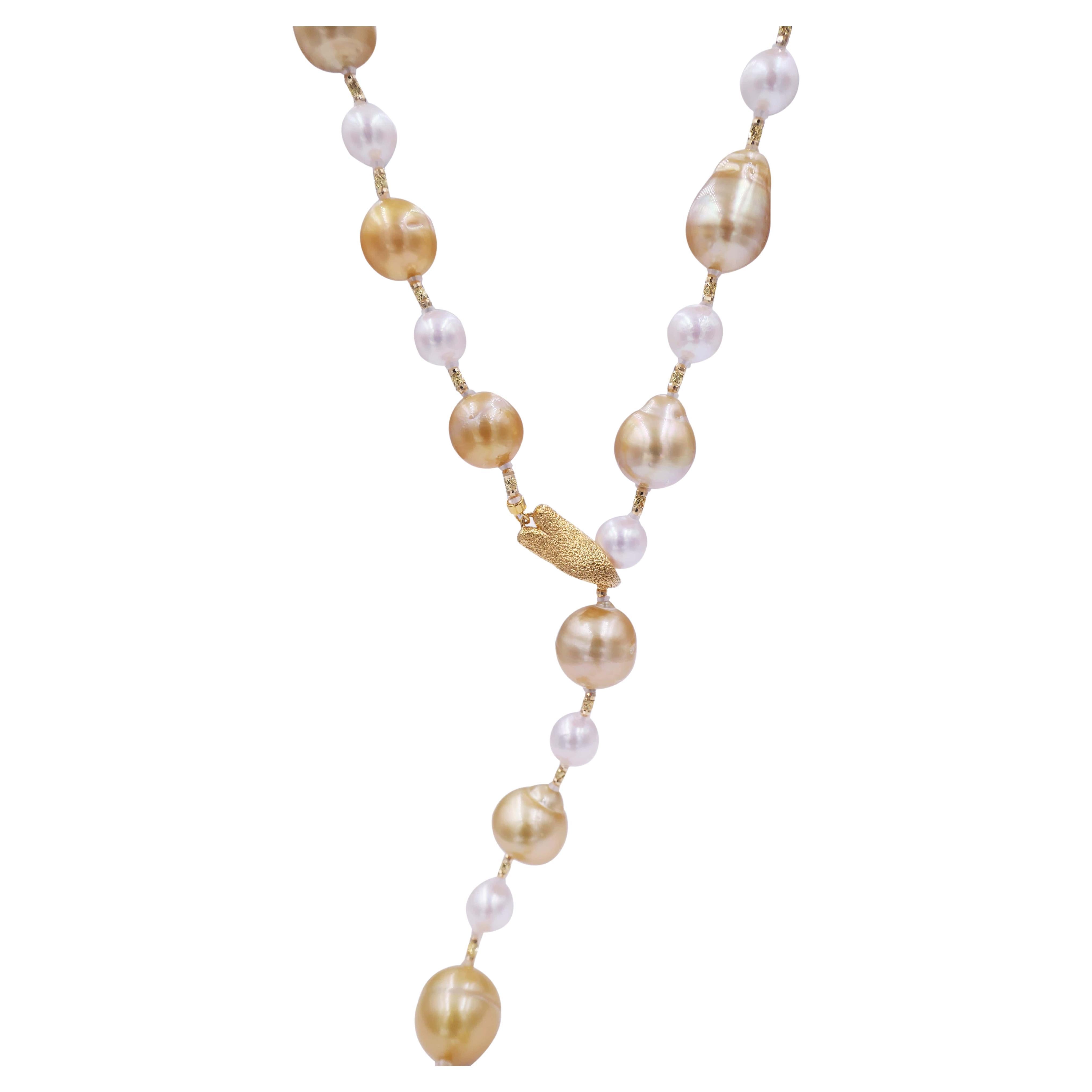 Modern Yellow Golden White South Sea Pearls 18K Gold Adjustable Lariat Clasp Necklace For Sale