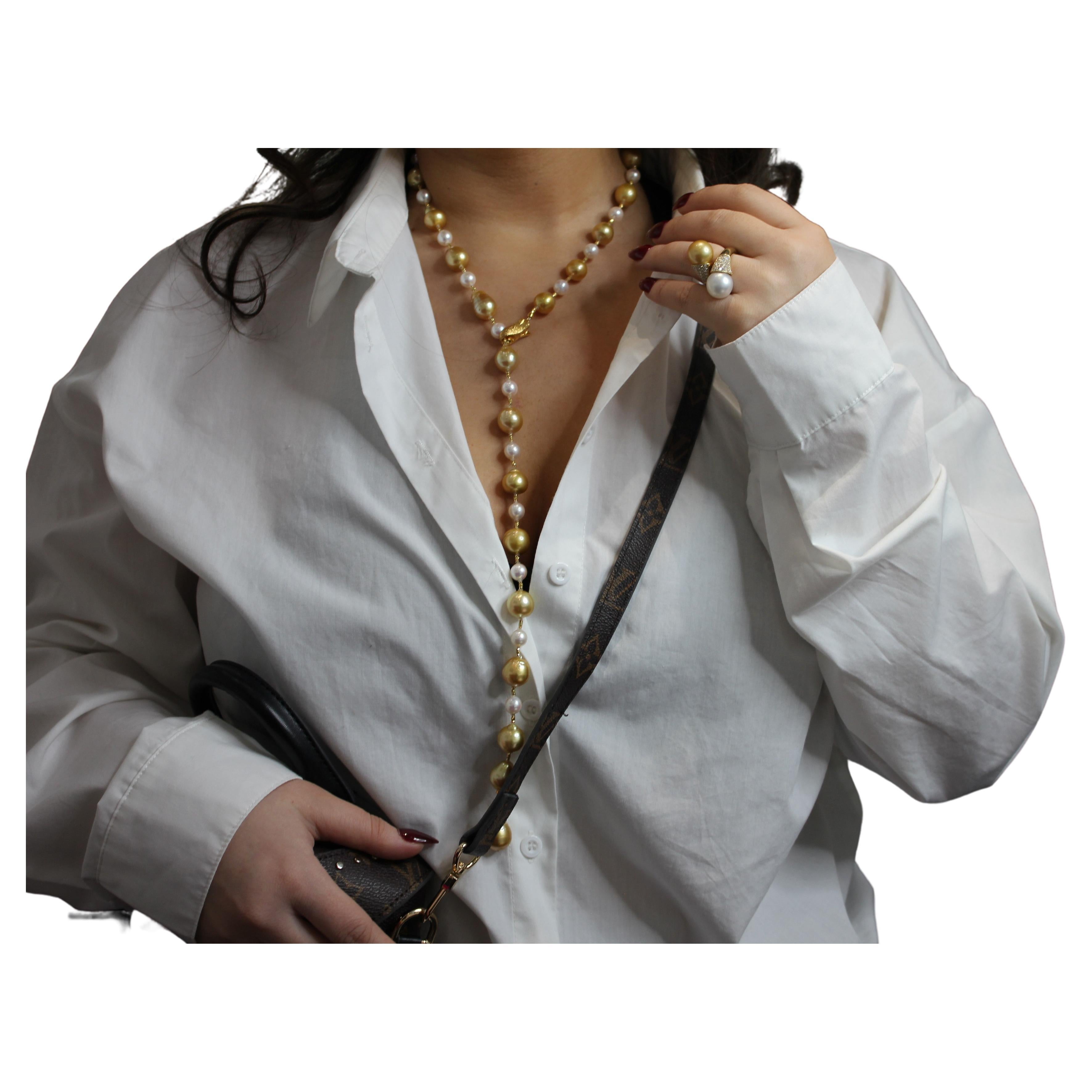 Yellow Golden White South Sea Pearls 18K Gold Adjustable Lariat Clasp Necklace For Sale 3