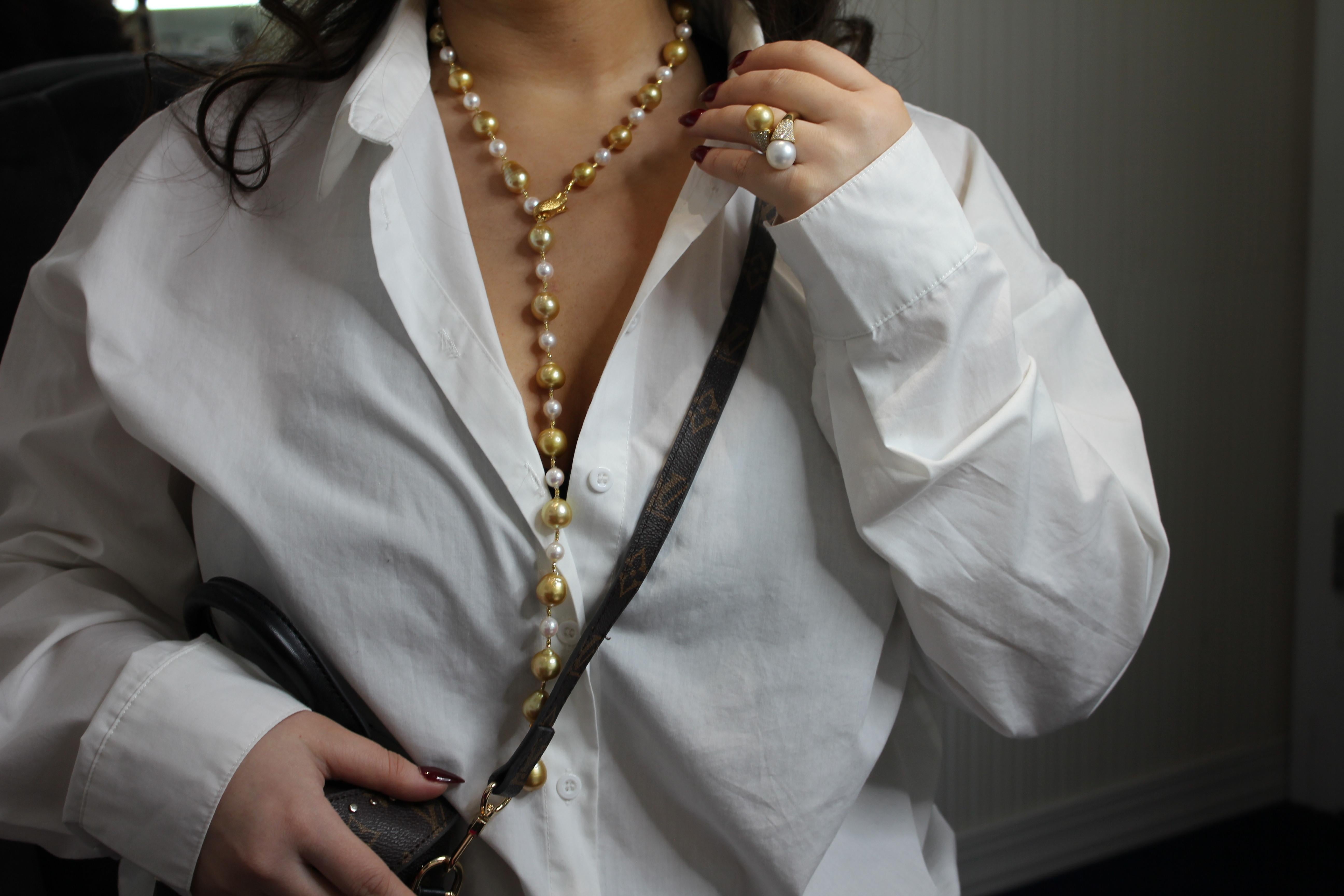 Collier Lariat réglable en or 18K avec perles des mers du Sud jaunes et dorées en vente 5