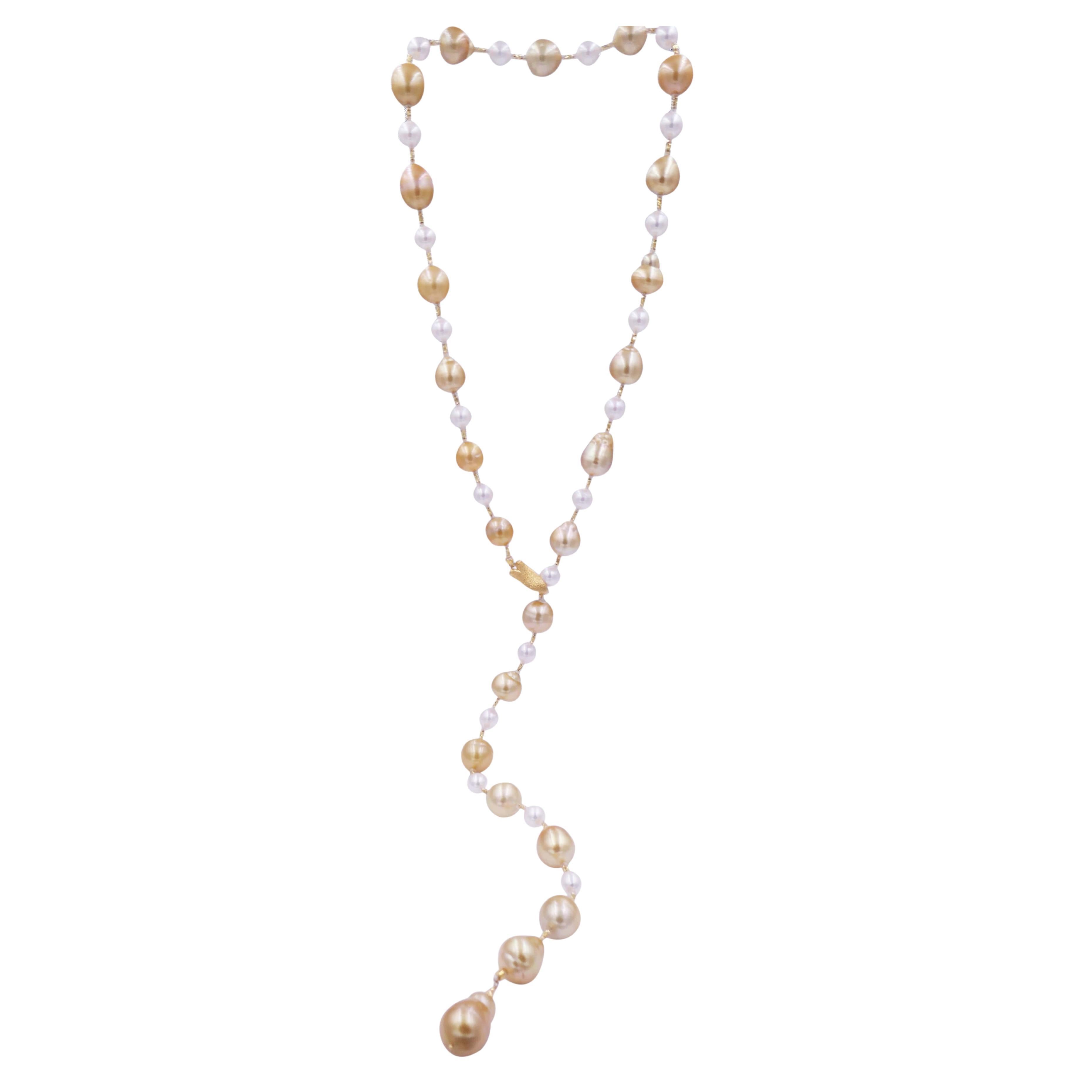 Yellow Golden White South Sea Pearls 18K Gold Adjustable Lariat Clasp Necklace For Sale