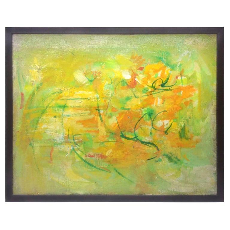Yellow, Green and Orange Abstract Painting by Anne Brigadier For Sale