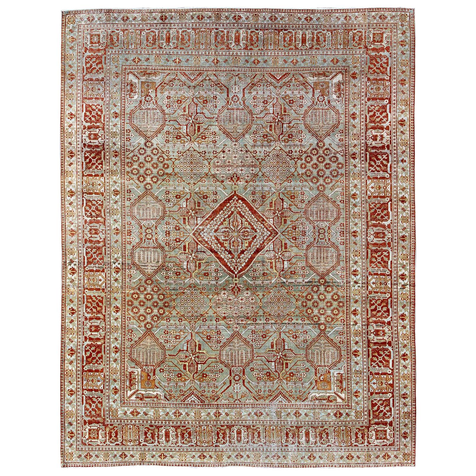 Yellow Green and Terracotta Antique Persian Joshegan Rug with Diamond