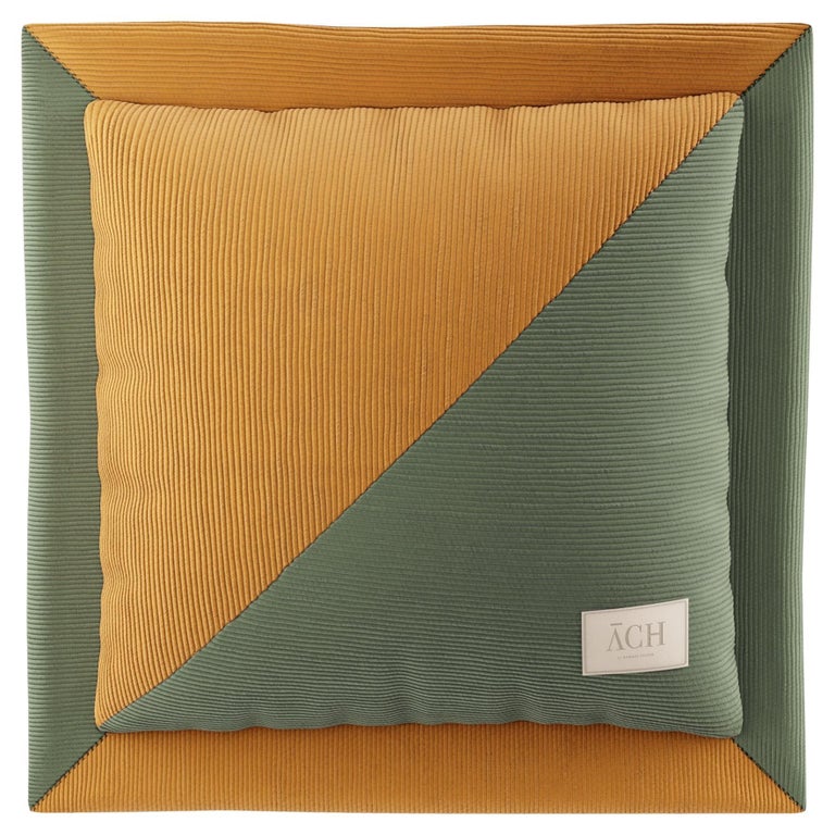 Yellow/Green Corduroy Throw Pillow, Luxury Modern Square Patchwork
