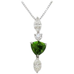 Yellow Green Demantoid Garnet and White Diamond Pendant Necklace in Platinum