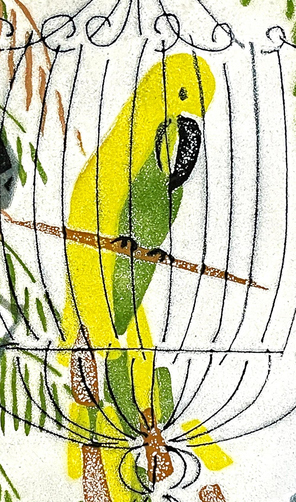 Sophisticated and charming both, this enamel-on-copper panel shows a green and yellow parrot happily perched in a Mid Century wire birdcage, its sides curving and its top embellished with Baroque-inspired curves.  The scene is framed by hanging