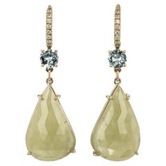Yellow Green - Sapphire Blue Zircon Yellow Gold Diamond Pave Drop Earrings