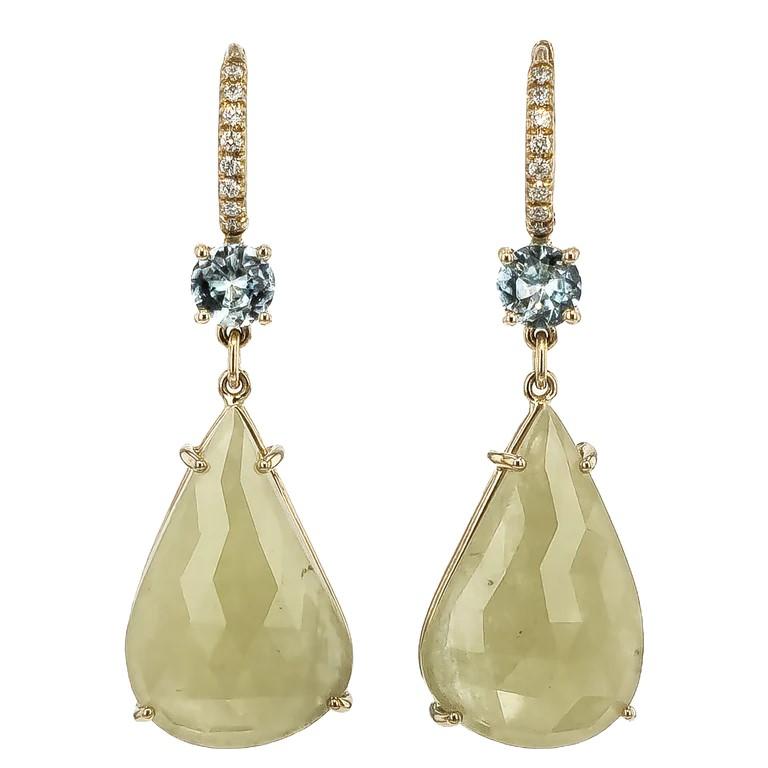 Pear Cut Yellow Green - Sapphire Blue Zircon Yellow Gold Diamond Pave Drop Earrings  For Sale