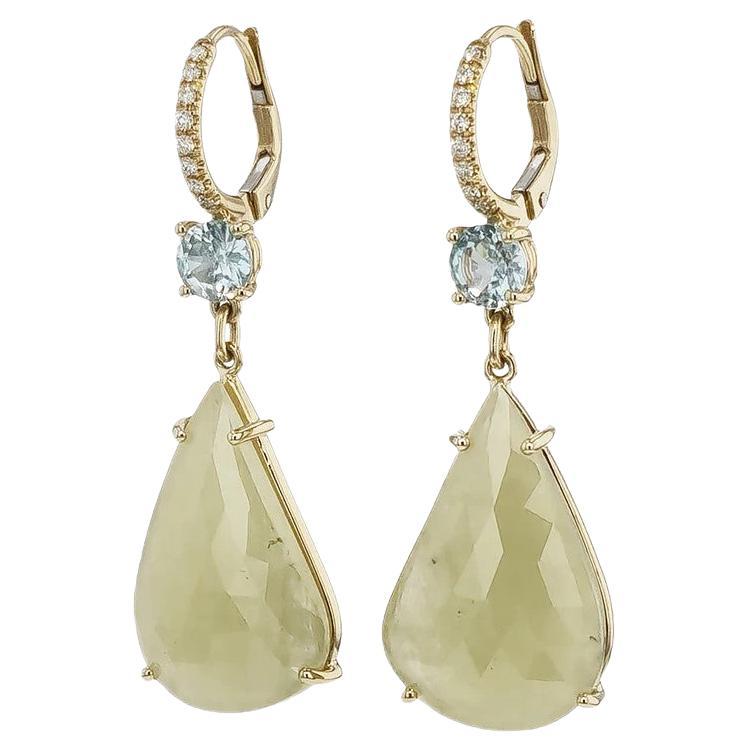 Yellow Green - Sapphire Blue Zircon Yellow Gold Diamond Pave Drop Earrings  For Sale