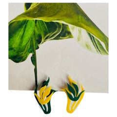 Yellow Green Tulip Wavy Flower Leaf Rustic Asymmetric Elegant Clip Earrings