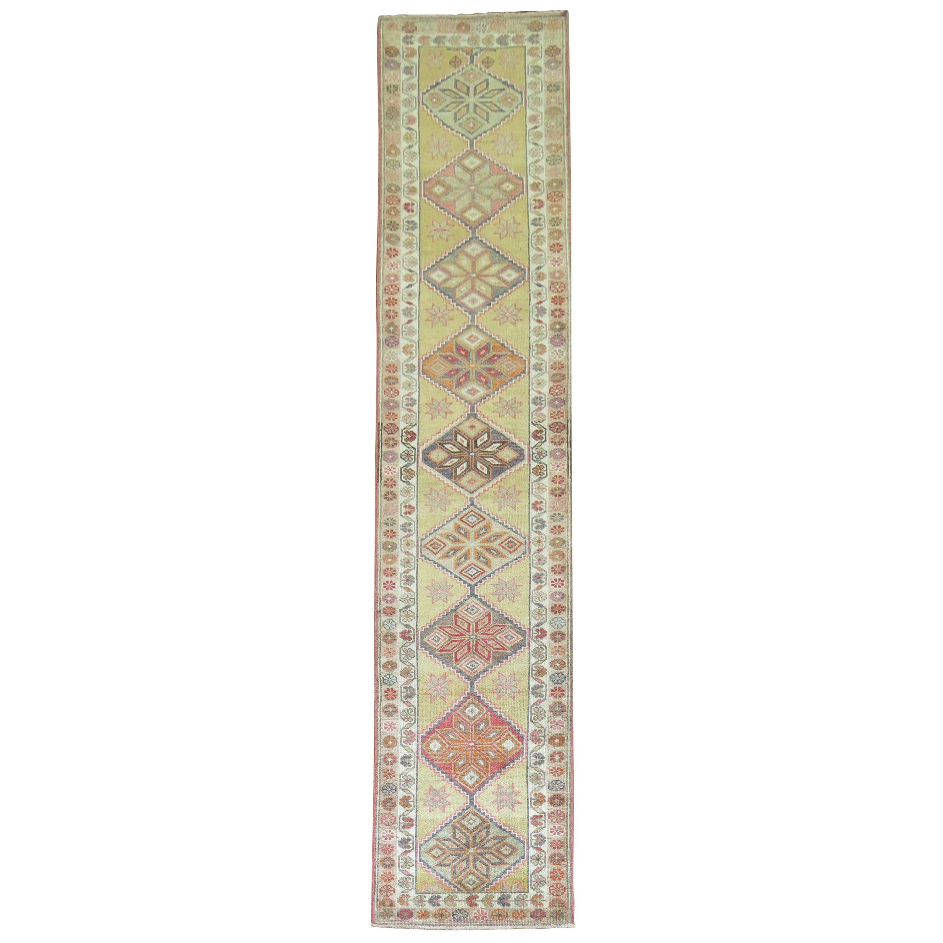 Yellow Green Vintage 20th Century Decorative Turkish Anatolian Turkish Runner For Sale