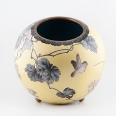 Yellow Ground Incense Burner with Flowers and Birds Cloisonné Enamel Meiji Era